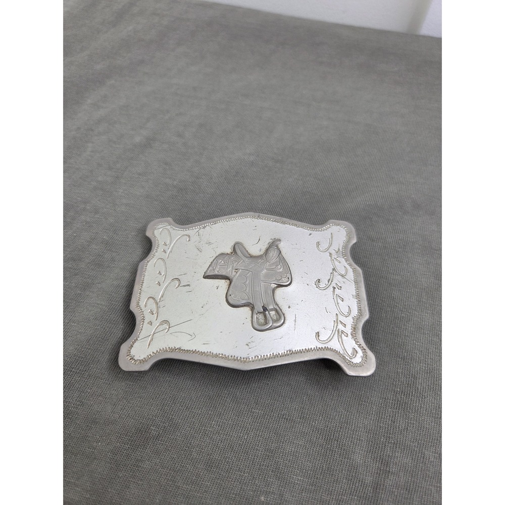 Vintage Nickel Western Saddle Rodeo Cowboy Belt Buckle